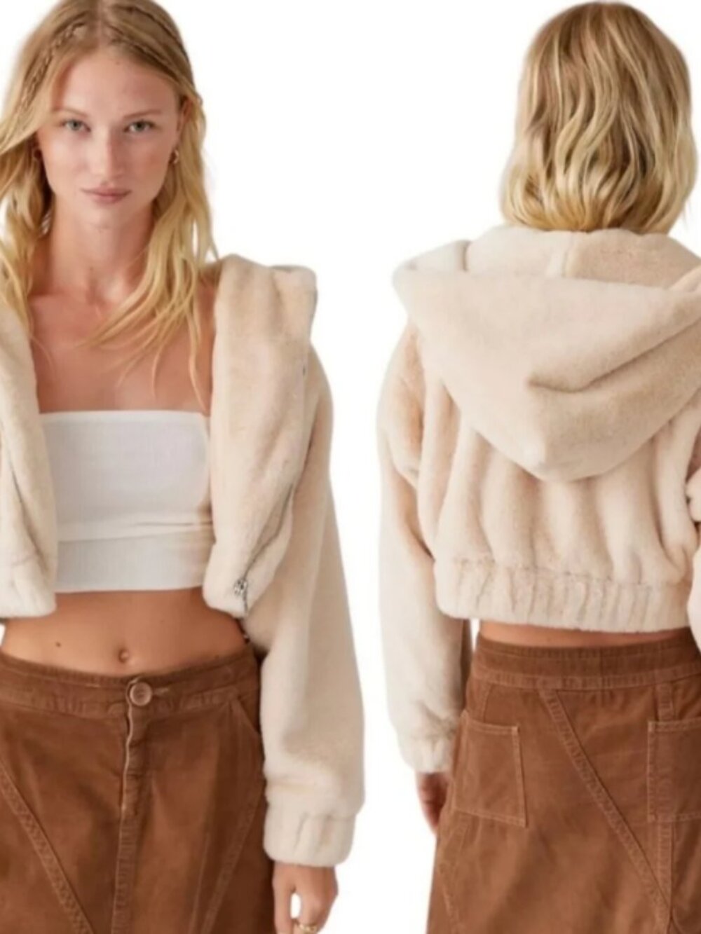 NWOT Urban Outfitters Arina Faux Fur Cropped Teddy Jacket Ivory Beige Cream S